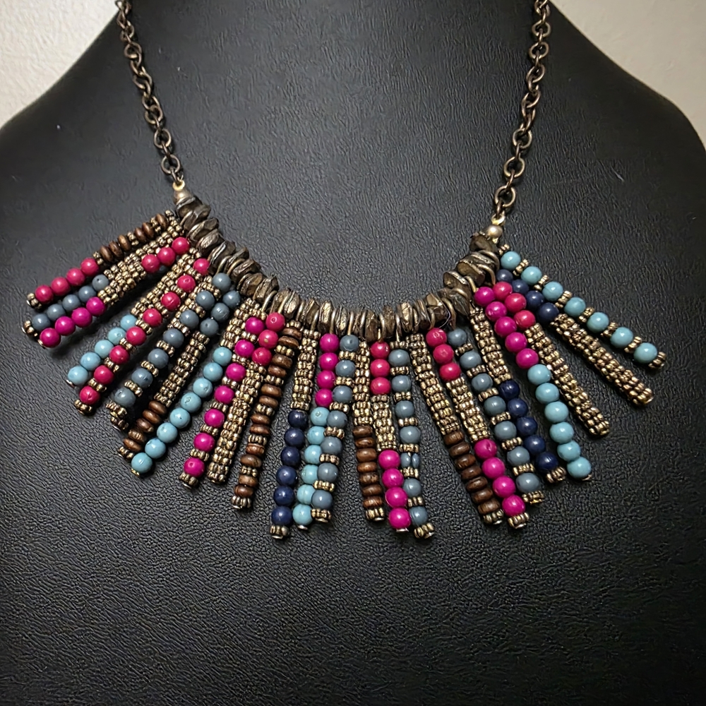 Multicolor Beaded Necklace. Frjnge Antique Chain. - Picture 2 of 9